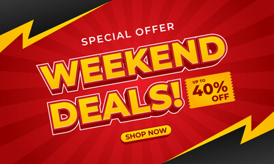 Weekend Deals sale banner template with red comic sunburst background, up to 40% off, text effect vector design for sales promotion, shopping, marketing ads, events and websites