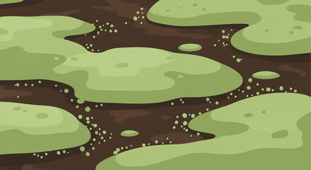 Swamp or Mud Puddle with Green Algae and Bubbles Background