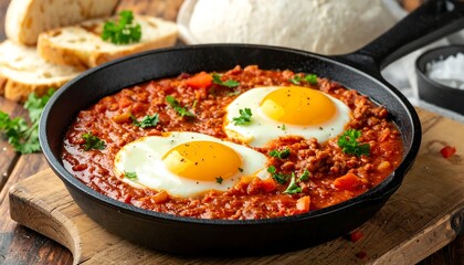 Spicy eggs with ground meat in cast iron pan