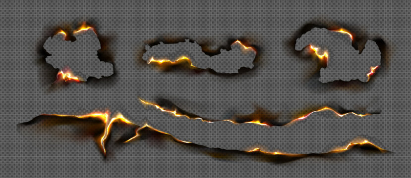 Paper burn edge collection with glowing fire borders and charred holes on transparent backgrounds for realistic damage effects. Isolated smoldering orange light design elements on black torn shapes.
