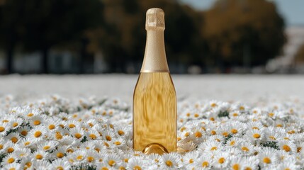 Enjoy a serene picnic experience with champagne surrounded by blooming daisies on a sunny day. National Champagne Day