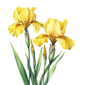 Two vibrant yellow bearded iris flowers with buds and green leaves isolated on transparent background