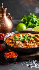 Spicy lamb curry in a dark bowl, garnished with fresh herbs