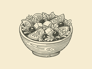 Greek salad with feta and olives engraving style vector illustration