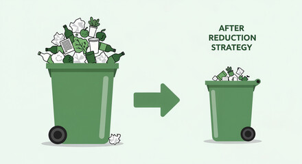 Waste Reduction Strategy Before and After Comparison with Trash Bins, Flat Vector Illustration