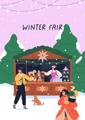 Christmas fair market, greeting card for winter holiday. Seasonal Xmas poster design with people walking at festive booth, outdoor kiosk with souvenirs. Xmas postcard. Flat vector illustration