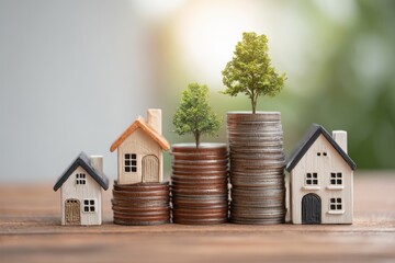 Sustainable Real Estate Growth: Miniature Houses and Trees on Coin Stacks Symbolizing Investment and Environmental Consciousness on Wooden Surface