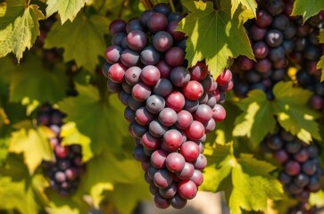 A frontal view of red grape bunches surrounded by sunlit leaves, fine texture of each berry visible under natural vineyard lighting. Generative AI