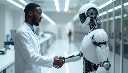 Humanoid robot and scientist in lab coat shake hands in a modern lab. Symbol of AI collaboration, robotics innovation, and human-machine interaction.