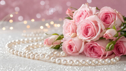 Delicate arrangement of pink roses with pearl necklace on a sparkling surface, symbolizing love, romance, feminine beauty, and luxury lifestyle for celebration and elegance themes