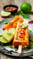 Spicy orange frozen treats on sticks, lime slices, herbs, and chili peppers