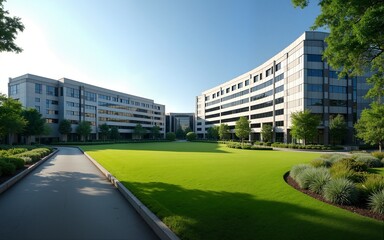 Panoramic shot of a corporate campus with landscaped grounds and multiple office buildings, fostering a productive work environment. High quality