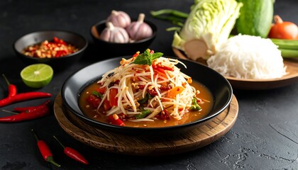 Spicy papaya salad on dark plate