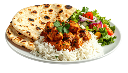 Plate of rice, spiced chicken, flatbread, and salad on a white plate