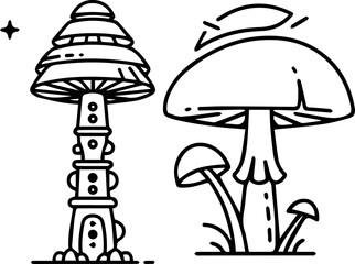 Stylized Black and White Mushroom Illustration with Unique Layered Design.