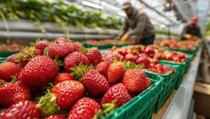 Fresh strawberries are harvested in a greenhouse, arranged in green baskets, with workers in the background, showcasing the agricultural process and vibrant produce