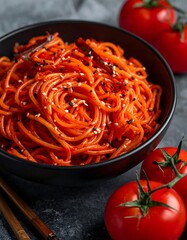Spicy tomato pasta in black bowl
