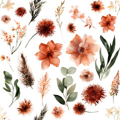 Seamless watercolor floral pattern in terracotta, rust, and burnt orange. Boho chic autumn botanical background with eucalyptus and dried flowers