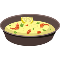 Pixel Art Shrimp Bisque Soup with Lemon Slice and Parsley Garnish in Dark Bowl on Transparent Background