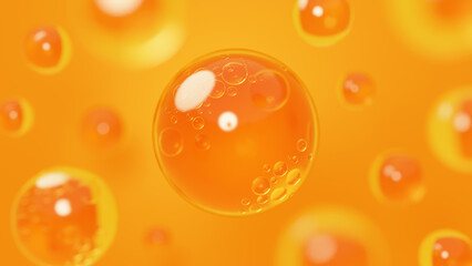 3D Illustration.Multiple water droplets on an orange background. Gel. Background material. (Horizontal)