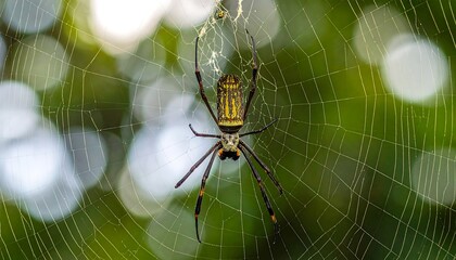 Spider in intricate web, jungle backdrop