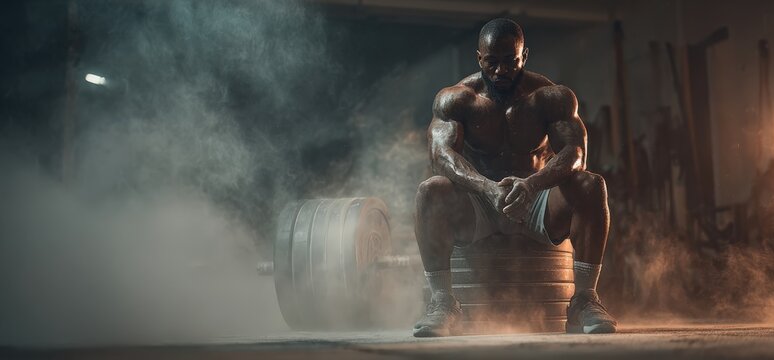 African American man with muscular build sits on weight plates in a dimly lit gym, surrounded by smoke, showcasing strength and determination in a fitness environment - Powered by Adobe
