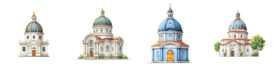Obraz premium Watercolor Illustration: Collection of European Style Churches, Architecture