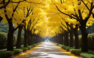Ginkgo yellow leaves at the road inside the University of Tokyo. High quality