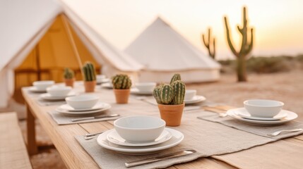 Fototapeta premium Casual holiday get together, A beautifully set outdoor dining table with minimalistic tableware, cactus plants, and glamping tents in the background during sunset.