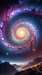 Spiral galaxy swirling into a luminous center, seen from a planet's landscape