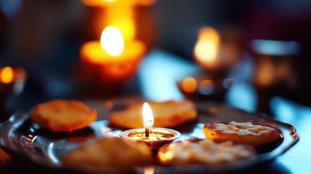 A plate of food with a lit candle in the background, suitable for still life photography or advertising meal delivery services