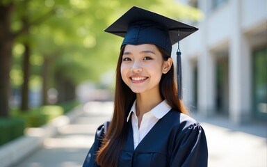 Young happy Asian woman university graduate in graduation gown and cap in the college campus. Education stock photo. High quality