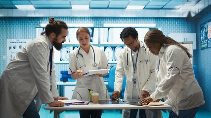 Medical staff collaborates on diagnostic procedures and treatment plans. Radiology specialists work...