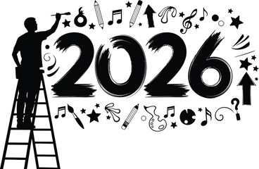 Creative 2026 new year celebration with artist painting wall, a symbol of artistic expression and new beginnings