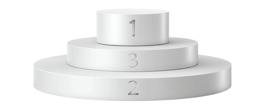 A white, tiered platform with numbers on each level, representing first, third, and second place