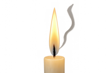 Burning candle flame providing warm light and gentle smoke stream on transparent background