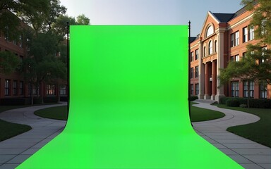University Ad Mockup Focus on a university campus banner with a green screen with a college campus background, empty space center for text. High quality