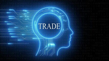 Digital human head with glowing circuit lines and the word T R A D E in neon blue on a background of binary code and numbers representing global finance and technology innovation - Powered by Adobe