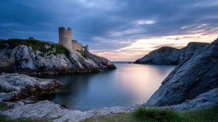 Ruined castle on rocky coast at sunset with smooth water