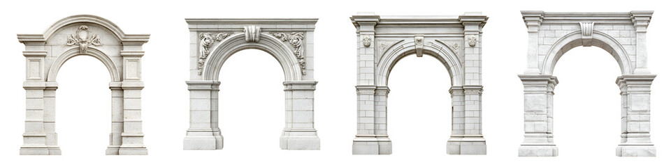 Four Stone Arches with Ornamental Details on White Background