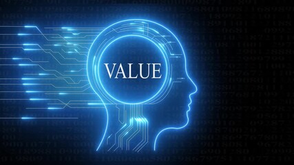 Digital human head silhouette with glowing neon circuit lines and the word V A L U E inside representing A I intelligence and data analysis concepts