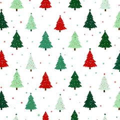 Obraz premium Festive seamless pattern featu various green and red Christmas trees adorned with colorful confetti on a clean white background, very detailed.
