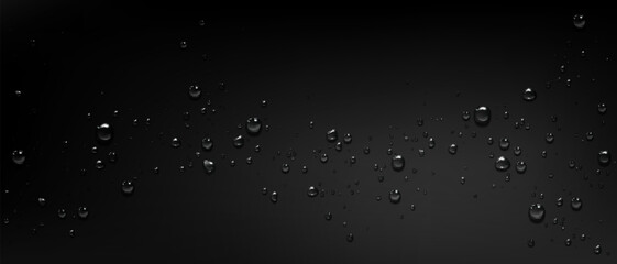Crystal wet droplets on black glass surface - realistic background. Water beads and condensation patterns with light reflections. Rain or dew texture elements for minimalist design and overlay effect.