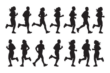 Vector silhouettes of people walking, including business men and women, a family, and a crowd