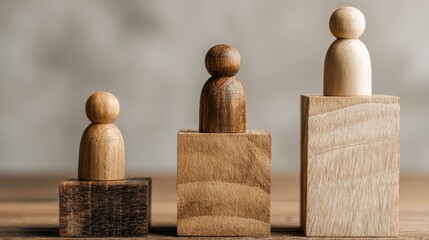 Wooden Peg Dolls Arranged on Varying Heights of Wooden Blocks: Illustrating Ranking, Progression and Achievement on Rustic Wood Surface - Concept of Growth, Ascendancy, and Standing Out
