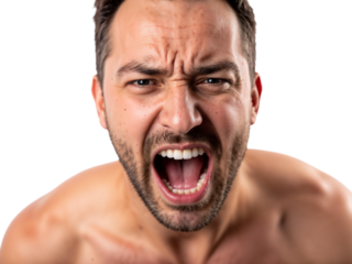 Man shouting in intense expression against a plain backdrop