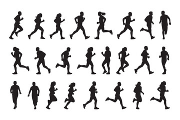 Black vector silhouettes of men and woman in sport and business poses, illustrating running, dance, and ball players