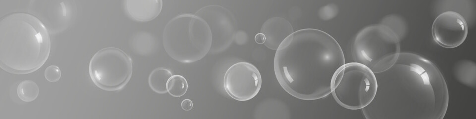 Soap bubbles flying on gray background. Vector realistic illustration of detergent, shampoo or washing gel foam, transparent water balls with light reflection, bathroom or laundry design element