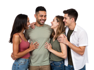 Group of friends sharing laughter and smiles in a joyful moment together indoors during daytime