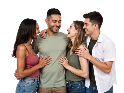 Group of friends sharing laughter and smiles in a joyful moment together indoors during daytime